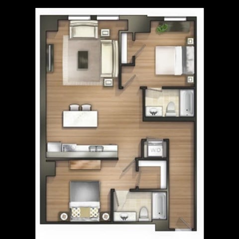 Floor plan for 2 beds, 2 baths, 935 sqft